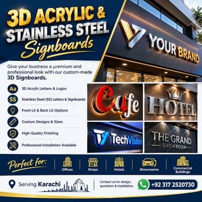 3D Sign Boards | Acrylic & Stainless Steel Signage | services Karachi