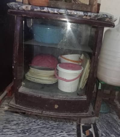 Wooden. tv trolley converted into Crockery Cabinet glass cabinet inside