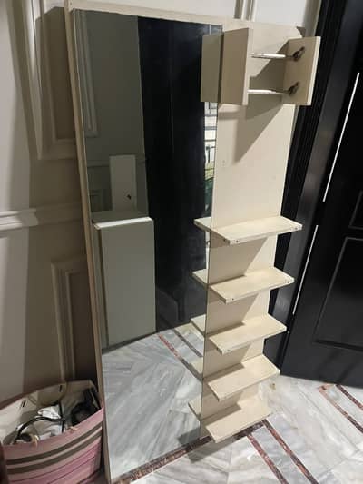 Modern Full-Length Mirror with Storage Shelves & Rack - White