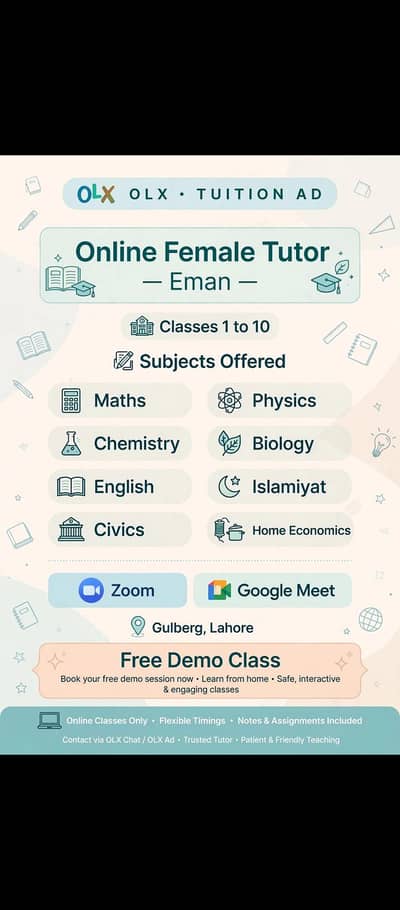 Female Tutor 1 to 10 - All Subjects - Gulberg Lahore Online