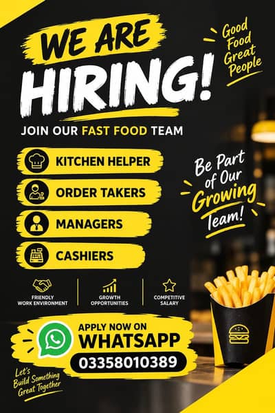 Cashier ordertaker & kitchen helper jobs available