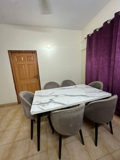 Modern 6-Seater Dining Table Set with Marble-Look Top & Grey Chairs