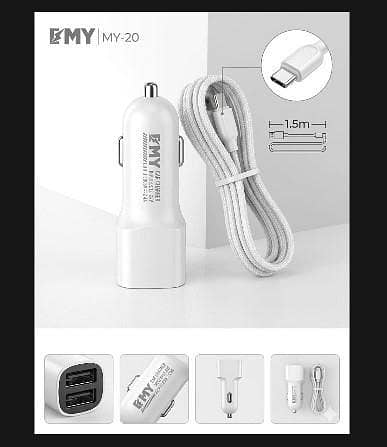 EMY MY-20 Dual USB Car Charger Adapter - 12W 2.4A Fast Charging Auto-ID Car Phone Charger With 1.5m Charging Cable  R5876