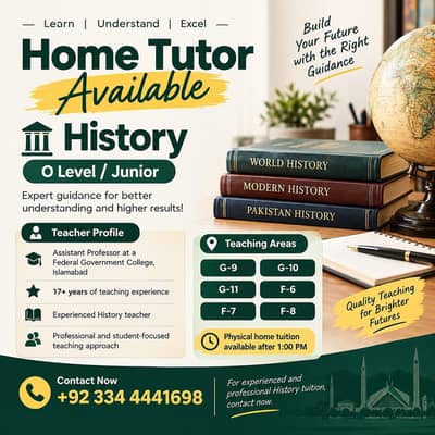 Home Tutor Available | History Teacher | O Level / Junior