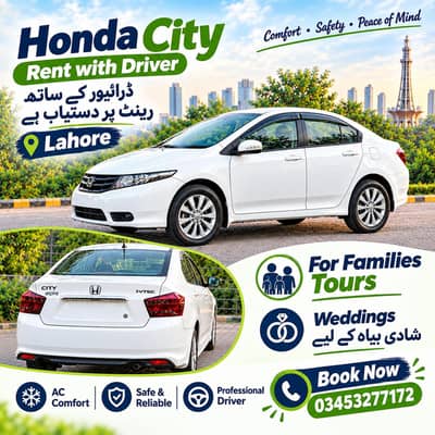 Honda City Aspire Car for Rent in Lahore for Families tours & weddings