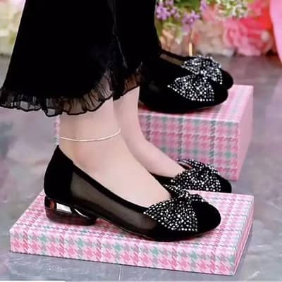 Ladies Black Rhinestone Bow Pump Shoes Low Heel - All Sizes
