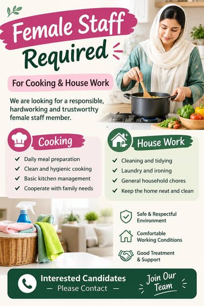 female staff required for cooking and house work