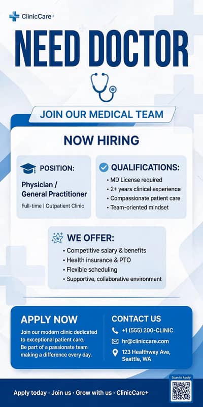 Need Mbbs pmdc regestar male and female  in sector d3