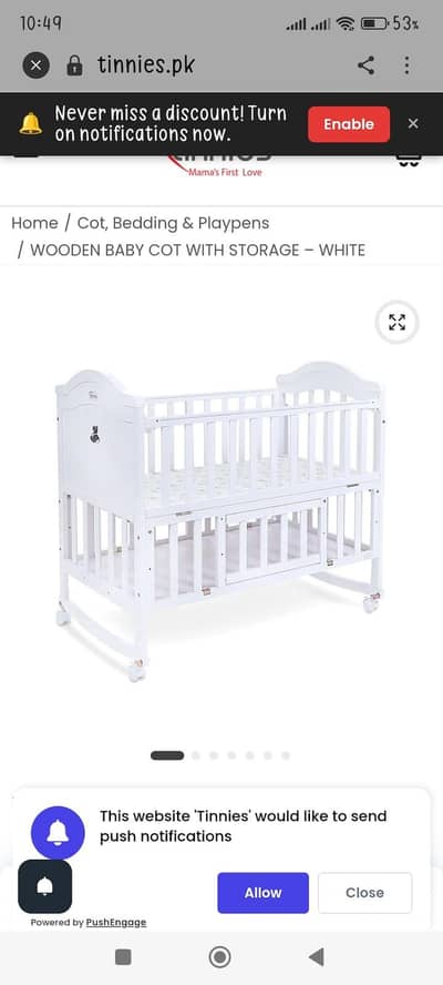 Tinnies- wooden baby cot with storage - white with matress