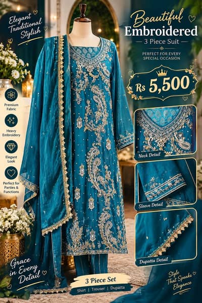 Elegant Embroidered 3 Piece Suit | Teal Blue Fancy Dress |