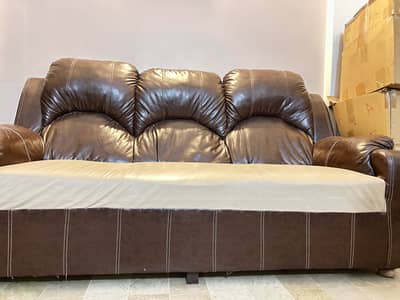 5 Seater Rexine Sofa Set + Glass Center Table | Brown & Beige |
