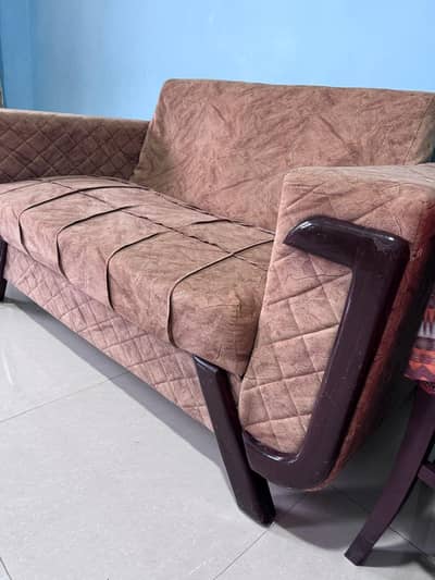 3 Seater Brown Fabric Sofa | Wooden Arms