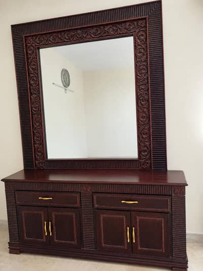 bed with side tables and dresser mirror for sale