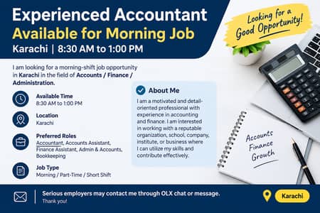 Experienced Accountant Available for Morning Job – Karachi | 8:30 AM