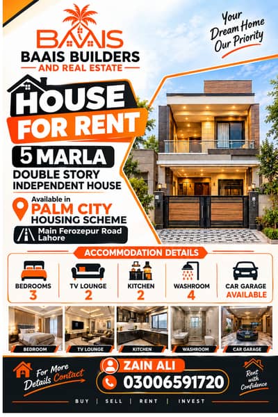 5 Marla Double story House Available For Rent in Palm City Lahore