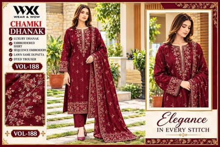 Dhanak 3 Piece Boring Embroidery Suit Mehroon - Women - 3600