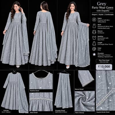 PARTY WEAR SUIT FOR SALE – GREY SHISHA SILK ANARKALI DRESS