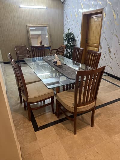 6 Seater Solid Wood Dining Table Set with Glass Top