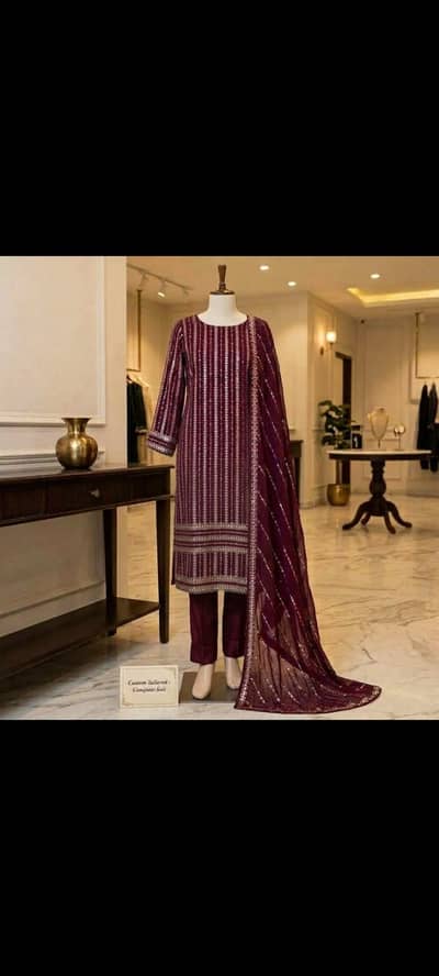 Ladies Royal Maroon  sequin line work 3 piece suit - party&fashion