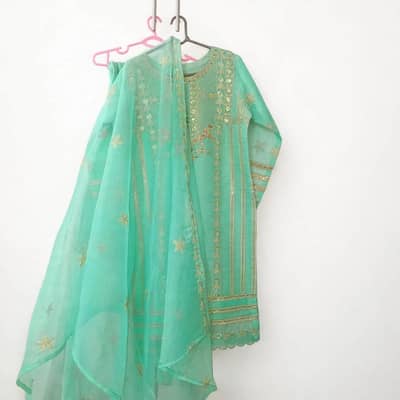 Sea green organza dress 3pc with full tilla and sitara work