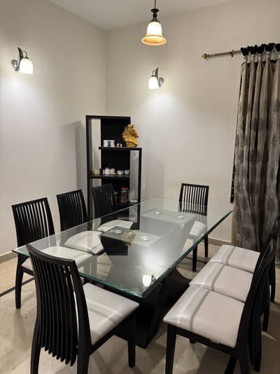 8-Seater Glass Dining Table with Black Base & Chairs
