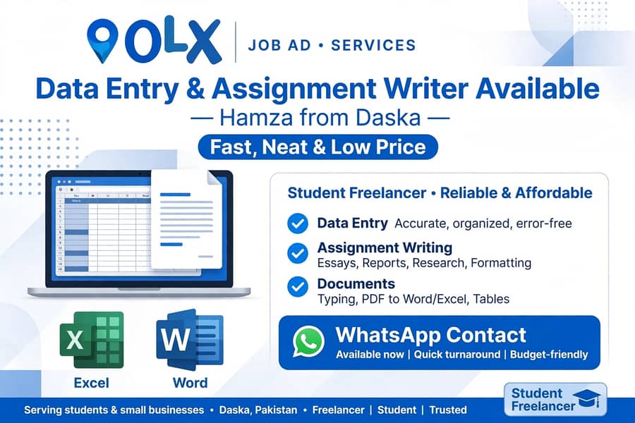 Data Entry & Assignment Work - Fast Service in Daska | Excel Word Typ 0