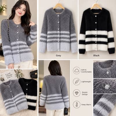 Women’s Fuzzy Striped Cardigan | Soft & Warm Winter Sweater | Button-