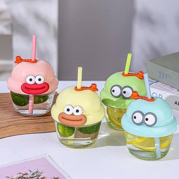 Cute Cartoon Ice Cream Cup with Straw – Kids Drinking Cup with Lid – Reusable Juice & Water Cup for Children