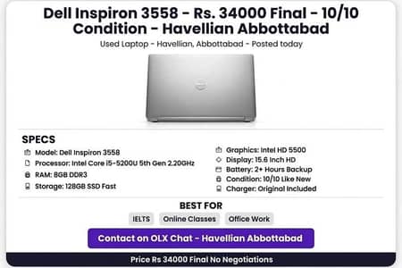 Dell Inspiron 3558 Core i5 5th Gen 8GB 128GB SSD 10/10 abbottabad