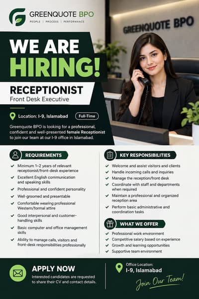 Receptionist Required – Greenquote BPO