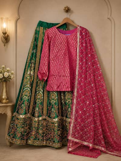 Beautiful Party Wear 3-Piece Dress – Lehenga, kurti & Dupatta |