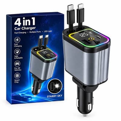 Premium 4 in 1 Starry Sky Fast Car Charger With LED Atmosphere Light