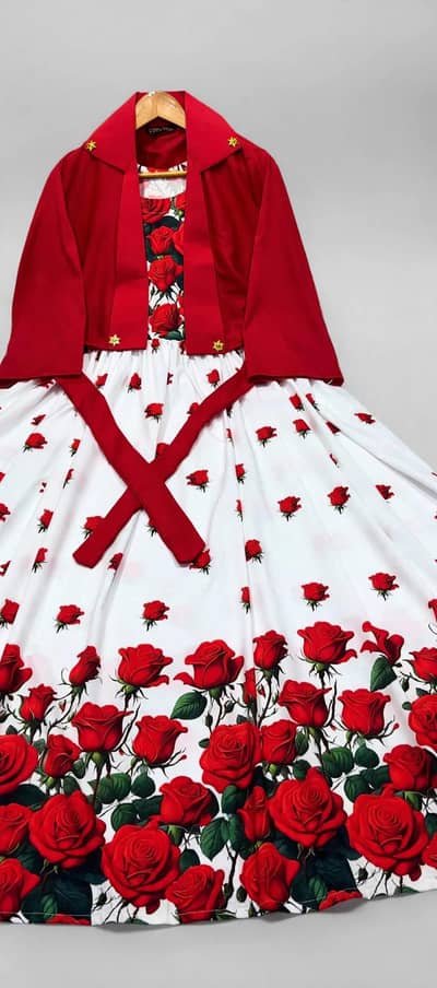 Red Rose Floral frock with Jacket