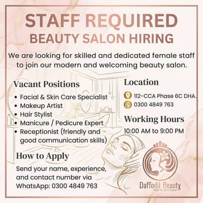 Ladies Staff / Beautician Required For Ladies Beauty Salon