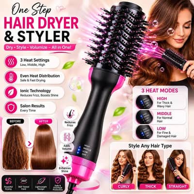 One step Hair Dryer Brush Black Pink ABS