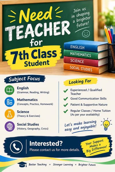 Female Teacher Need for Class 7