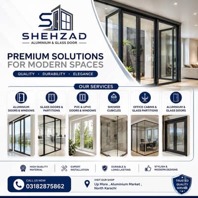 Aluminium Glass and Wood Door Window - Partition Work - Glass Door