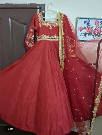 Anarkali embroidered red frock with dupata