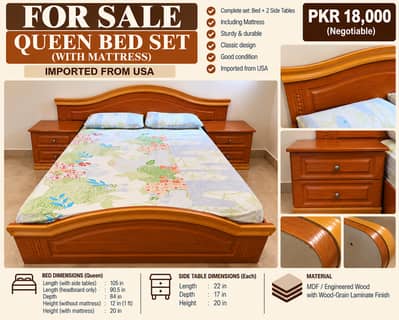 Imported USA Queen Bed Set with Mattress & 2 Side Tables