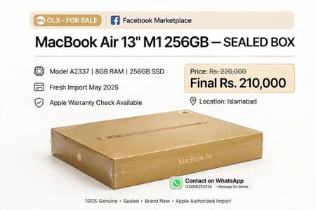 MacBook Air M1 13" 256GB SEALED BOX A2337 Islamabad - Rs 210k Final`