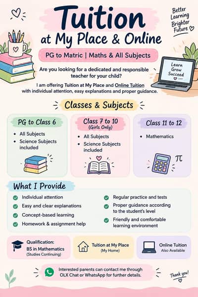 Tuition at My Place & Online | PG to Matric | Maths & All Subjects