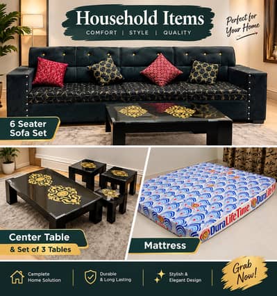 Premium Home Furniture Bundle – 6 Seater Sofa, Center Table Set