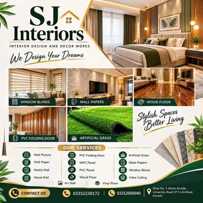 False ceiling-Gypsum ceiling-PVC wallpanel-Wooden floor-Blinds-Grass
