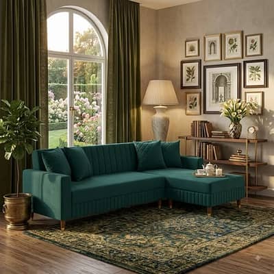 BEAUTIFUL EMERALD GREEN L - SHAPED SOFA SET 5 - 7 SEATER. NO TABLE