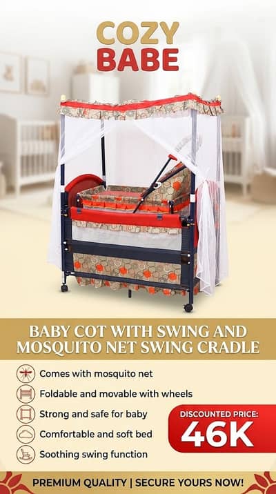 Baby Cot with Swing and Mosquito Net For Sale - Good Condition