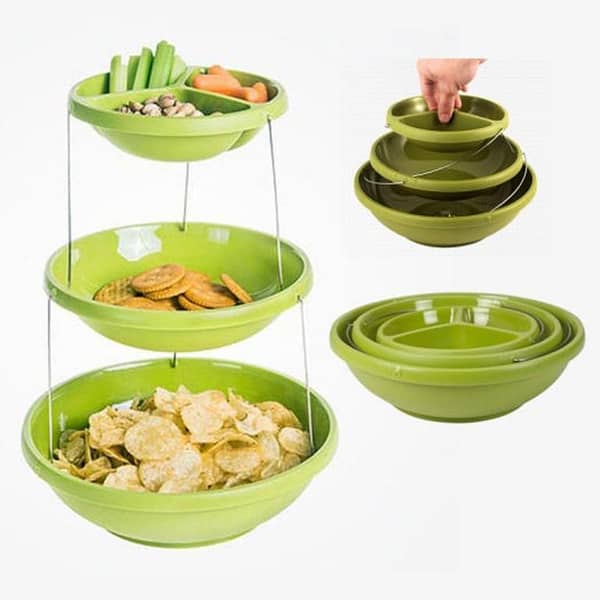 T  Original Produc 3 Layers Folding Bowls Collapsible Cake Fruit Plates Kitchen Storage Trays