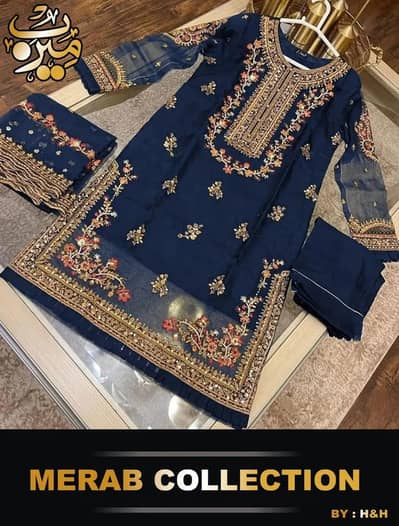 Women Organza Handwork 3 Piece Suit Navy Blue - Eid Collection