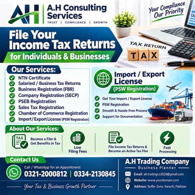 Income Tax Consultant , FBR , Tax Filer, NTN ,SECP , Sales Tax, retur