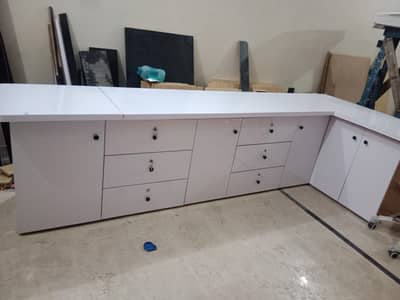 Modern L-Shape White Table with Drawers & Storage
