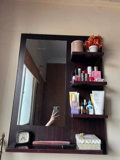 Wooden Wall Mounted Dressing Table with Mirror & Shelves